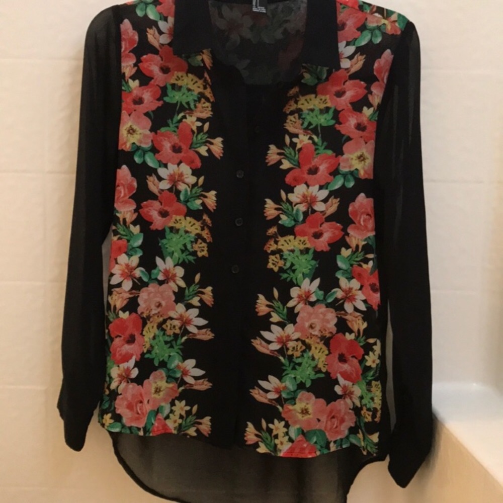 Sheer Floral Button Down Top